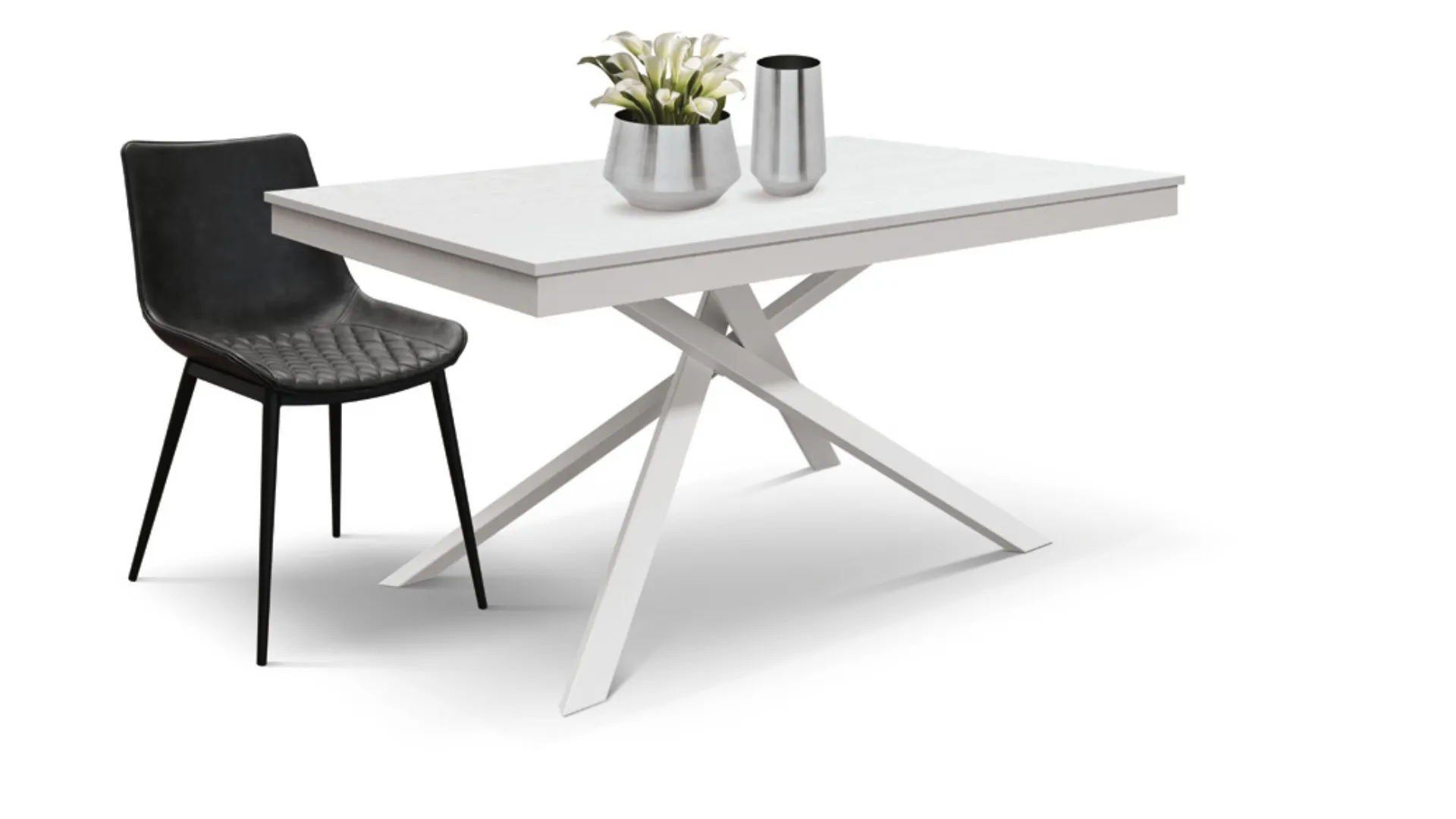 Tavolo allungabile con basamento centrale di design in metallo e piano in finitura bianco frassinato