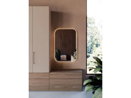 Armadio battente con anta Liscia, Interno in Cotone, cassetti ed elemento a giorno in materico Noce.