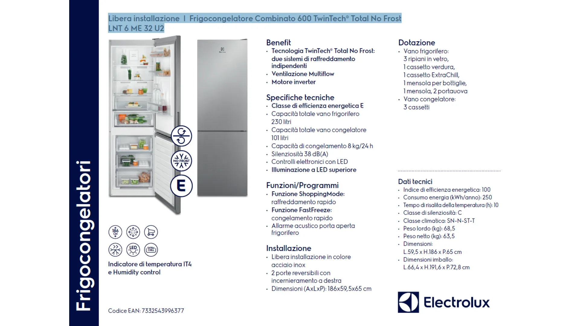 Frigo libera installazione Electrolux LNT 6ME 32U2