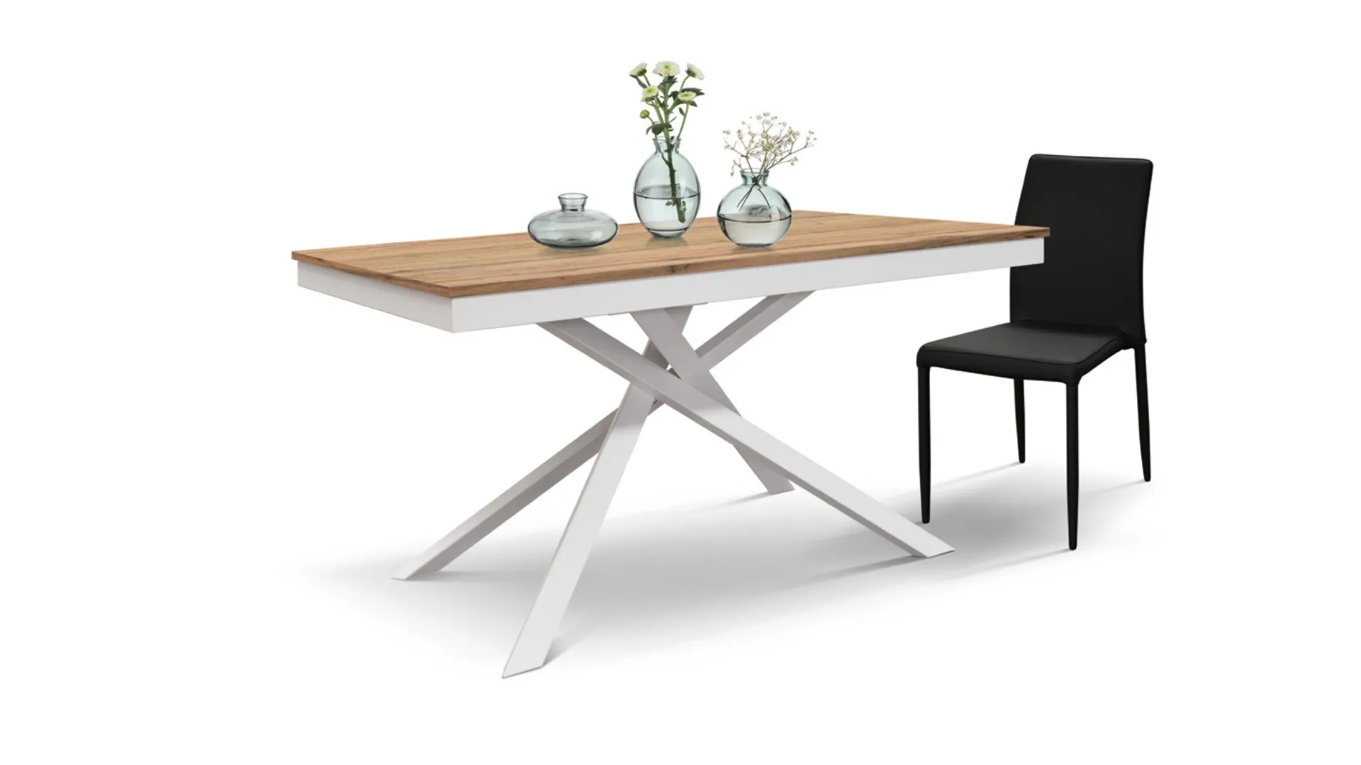 Tavolo versatile con allunga laterale con piano in finitura rovere e basamento centrale bianco
